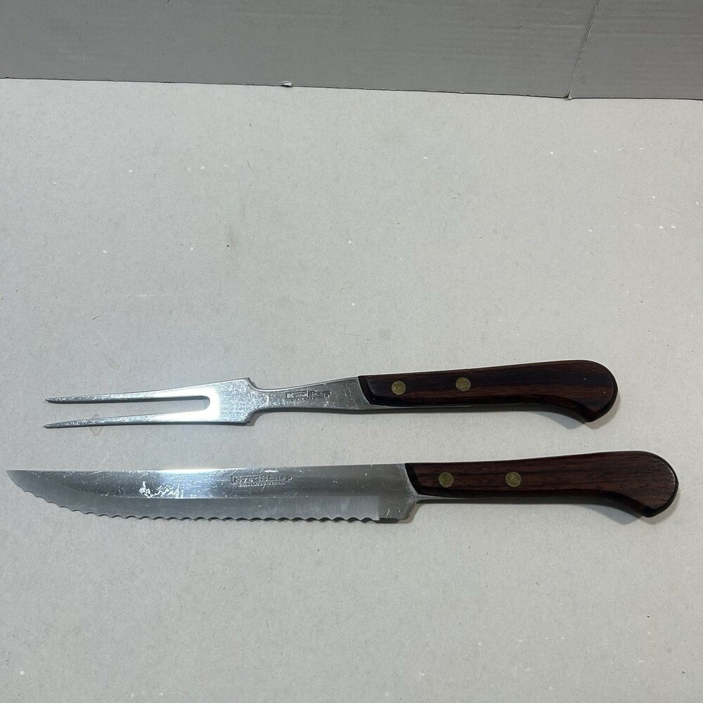 Vintage Lifetime Cutlery Japan 2pc Carving Set Even Sharp Knife & Meat Fork Wood